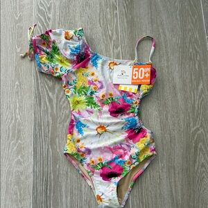 Salt & Pepper Girls' Floral One-Shoulder Swimsuit - Pink/White